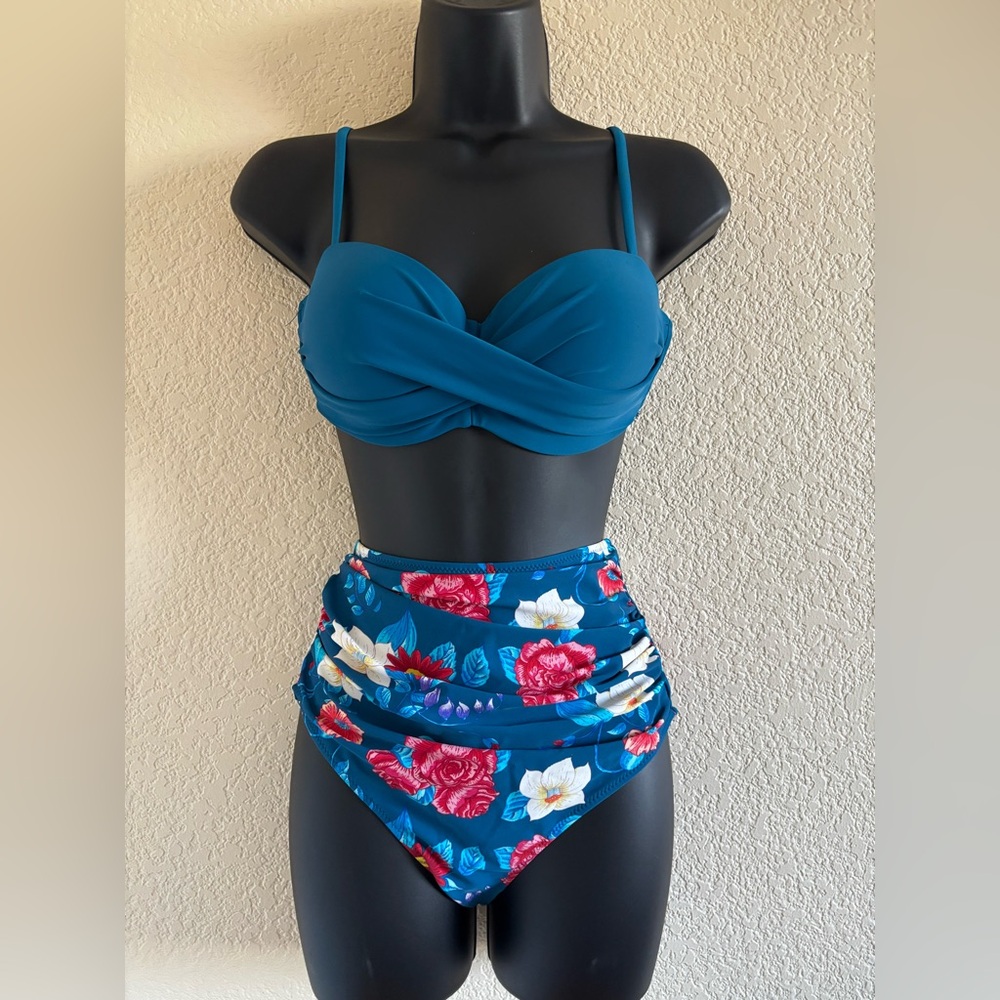 Cupshe Blue Floral High-Waisted Bikini Set NWT